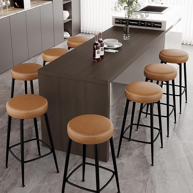 Counter Height Bar Stools, 26" H Backless Bar Stools Set of 8, Upholstered Faux Leather Kitchen Counter Stools, Mid Century Modern, Kitchen Island Home Bar, Pub, Caramel Brown