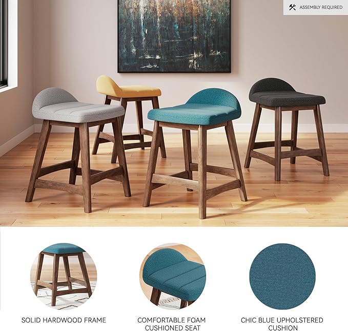 Signature Design by Ashley Lyncott Contemporary 28.5" Counter Height Upholstered Bar Stool with Foam Cushion, 2 Count, Blue & Brown