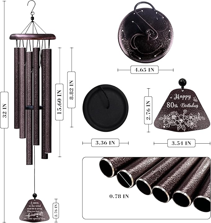 80th Birthday Gifts for Women/Men, 80th Birthday Decorations 32” Wind Chimes Outside, 80 Year Old/1945 Bday Gifts for Men/Women