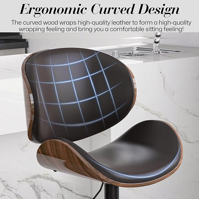 Adjustable Swivel Bar Stools Set of 2, Modern Bentwood Barstool with Large Metal Base and Footrest, PU Leather Upholstered Bar Chair with Curved Back for Kitchen Island Dining Room, Brown