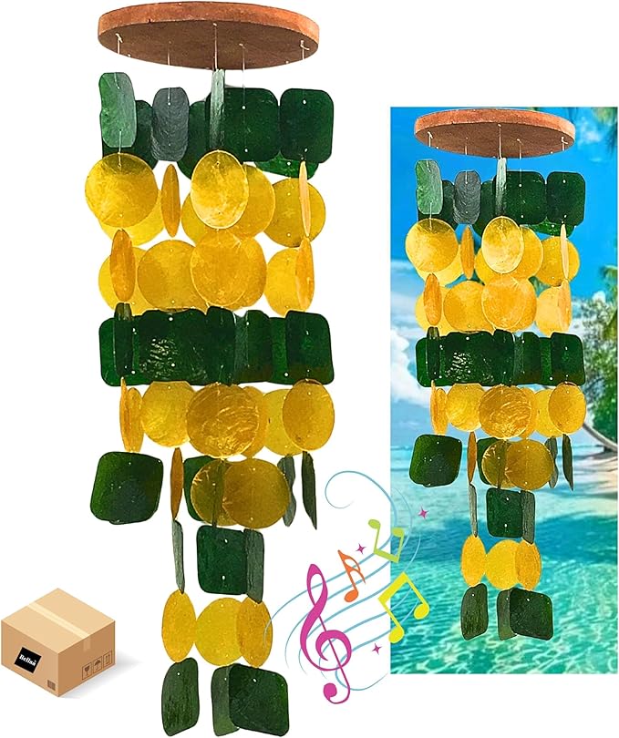 Bellaa 24896 Wind Chimes Outdoor, Garden Decorations, Musical, Indoor/Outside Windchimes, Beach, Ocean Breeze, Gifts for Mom, Gift for All Occasions, Capiz Sea Glass Shells Wood Yellow Green