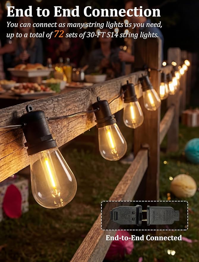 S14 Patio String Lights, 30FT Outdoor Patio String Light with 11 Clear LED Bulbs (1 Spare), UL Certified Waterproof Hanging Lights for Outdoor & Indoor - Commercial Grade Black Wire