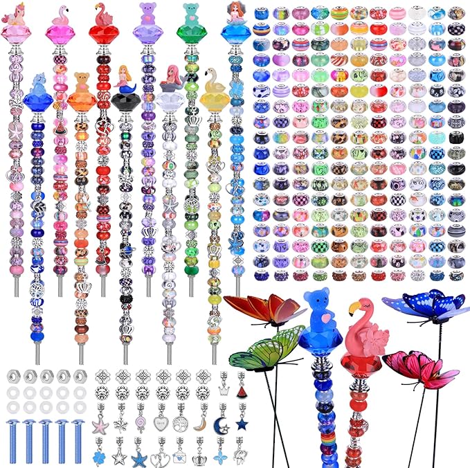 AIPRIDY 252 Pcs DIY Fairy Wand Garden Stakes Kit,Multiple Color Scheme European Beads Crystal Diamond Tops and 12 or 10 Inch Threaded Rods,Stainless Steel Stakes with Diamond Toppe(Fairy Tale)