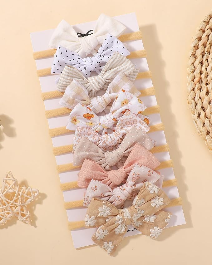 doboi 10PCS Baby Girls Headbands Hair Bows Nylon Cotton Linen Hairbands Fine Handmade Hair Accessories for Newborn Infant Toddlers Little Girls-Solid Plaid Stripe Polka Dot and Flowers