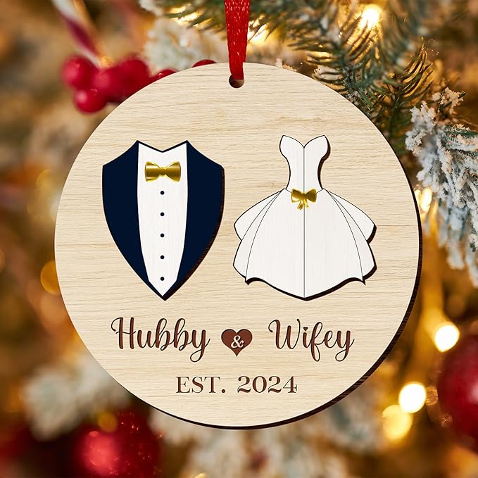 Couple Gifts for Men Women - Christmas Decorations Wooden Ornaments - Bridal Shower Engagement Wedding Gifts for Her Him Couples, Just Married Couple Gift Ideas