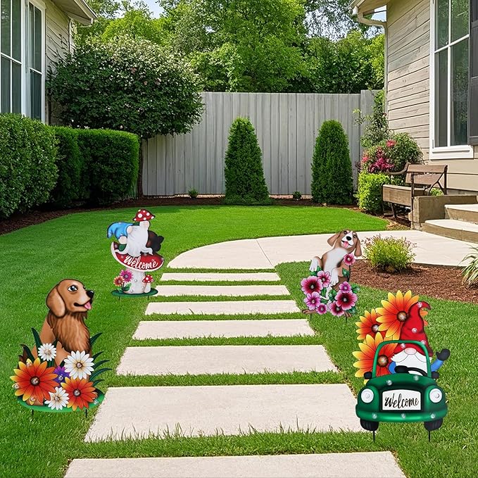 WONDER GARDEN Decorative Garden Stakes - Lighted Dog and Flower Yard Sign Stakes Spring Signs for Outdoor, Porch, Yard,Flower Bed Decor (Battery Operated)