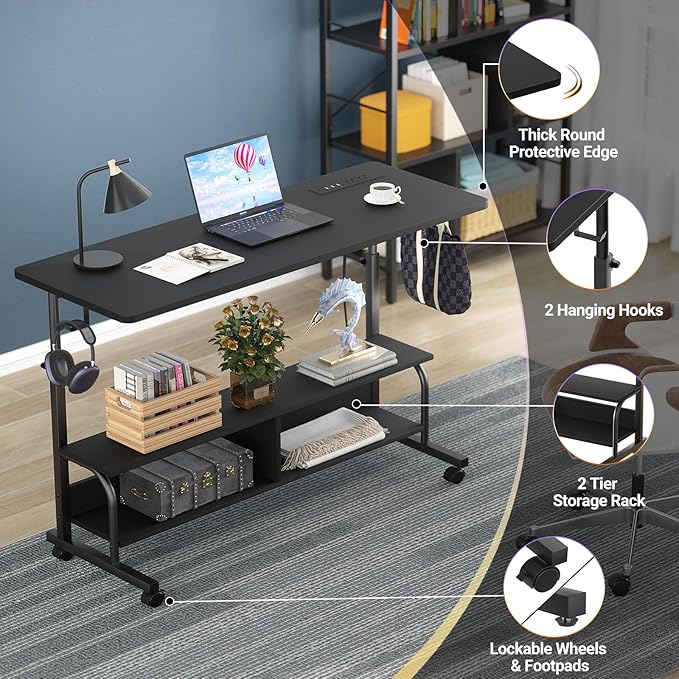Armocity Height Adjustable Standing Desk with Power Outlets, 47" Manual Stand Up Desk with Storage Shelves Small Mobile Rolling Computer Desk Portable Laptop Table with Wheels for Home Office, Black