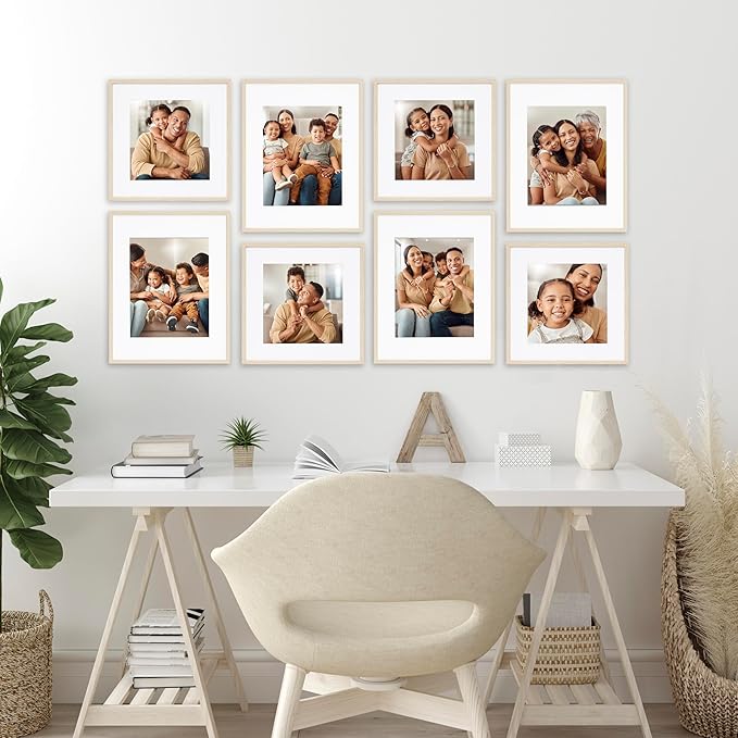 Camden Reed Arcadia 8 Piece Oversized Gallery Wall Frame, 11x14 and 11x11 inch matted frames for featuring 8x10 and 8x8 Inch Photographs or Art Prints, Natural Finish