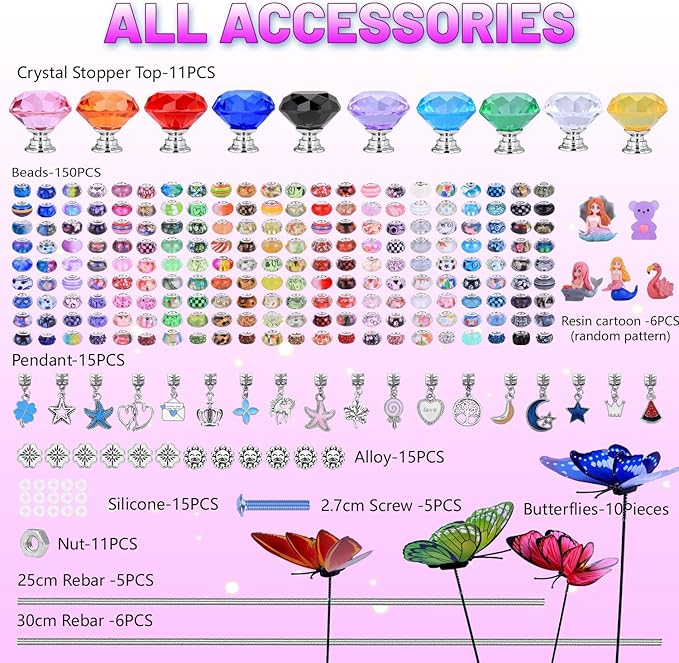 AIPRIDY 252 Pcs DIY Fairy Wand Garden Stakes Kit,Multiple Color Scheme European Beads Crystal Diamond Tops and 12 or 10 Inch Threaded Rods,Stainless Steel Stakes with Diamond Toppe(Fairy Tale)