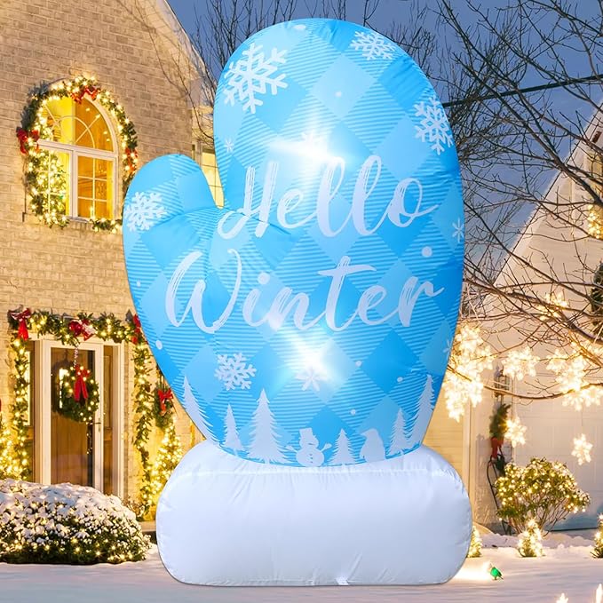 4.9FT Christmas Inflatable Snowflake Mittens Outdoor Decoration Hello Winter Sign Decor Blue Gloves Xmas Blow Up with 2 Lights for Yard Lawn Garden Winter Wonderland Frozen Birthday Party Decorations