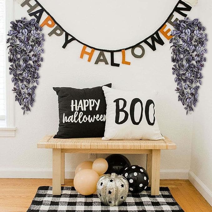 BLEUM CADE Fake Hanging Plants, 2pcs Artificial Hanging Plant, Faux Deep Purple Vines Hanging Plant for Wall Home Living Room Indoor Outdoor Halloween Decor (No Baskets)