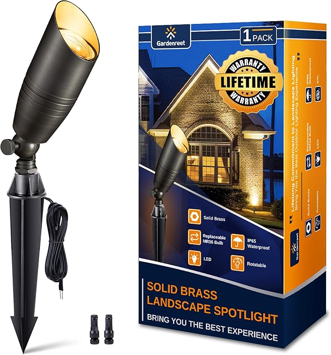 Gardenreet Landscape Spotlights Low Voltage - Brass 12V Outdoor Uplight LED, Wired Spot Lights IP65 Waterproof, Adjustable Focus Bronze for Exterior Garden Yard Tree House Without MR16 Bulb