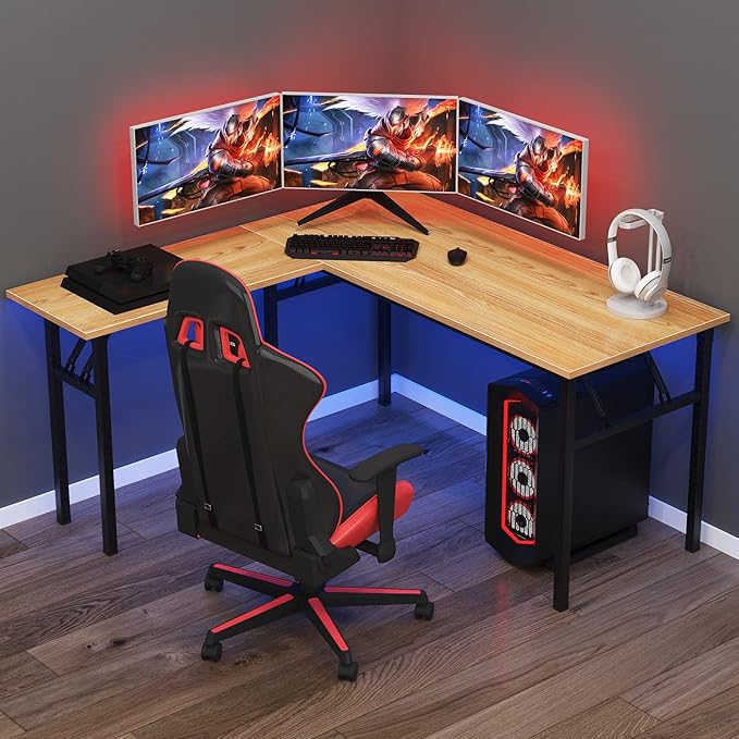 Need L Shaped Folding Desk, Reversible Computer Desk for Home Office, Large Foldable Gaming Desk Table Workstation, Teak and Black