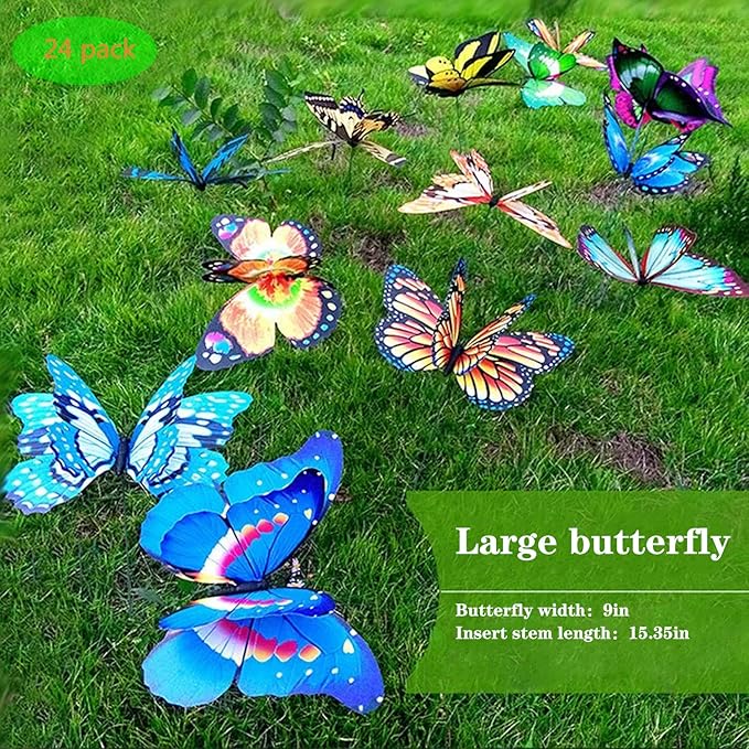 Giant Butterfly Garden Stakes Decorations Outdoor 3D Butterflies Lawn Decorative Yard Decor Patio Accessories Ornaments PVC Gardening Art Christmas Whimsical Gifts (Pack of 24)