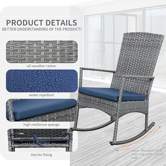Rocking Chair Outdoor 3 Pieces High-Backed Patio Rocking Chairs Bistro Table and Chairs Set of 2, Navy Blue