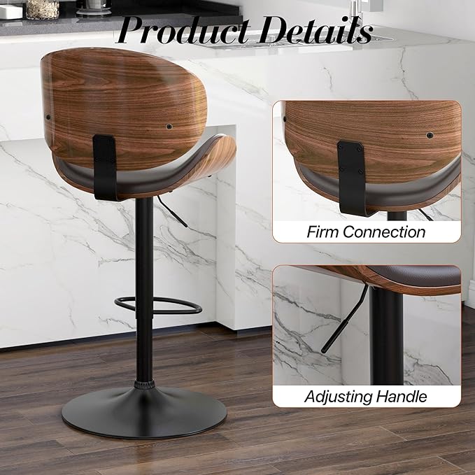 Adjustable Swivel Bar Stools Set of 2, Modern Bentwood Barstool with Large Metal Base and Footrest, PU Leather Upholstered Bar Chair with Curved Back for Kitchen Island Dining Room, Brown