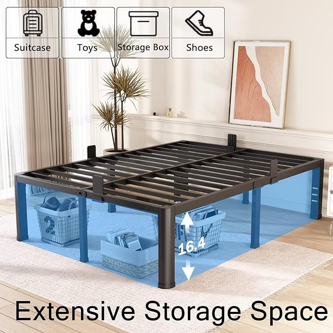FUIOBYVV 18 Inch Queen Bed Frame with Rounded Corner and Headboard Hole Mattress Retainers 3500 LBS Metal Heavy Duty Steel Slats Support No Box Spring Needed Platform Noise Free Easy Assembly
