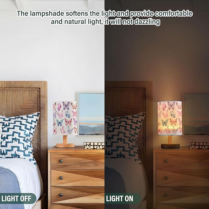Table Lamp Colorful Butterflies Pink Blue Butterfly Nightstand Lamp with Wood Base Fabric Lamp Shade Bedside Desk Lamp for Living Room Bedroom Kids Room Office