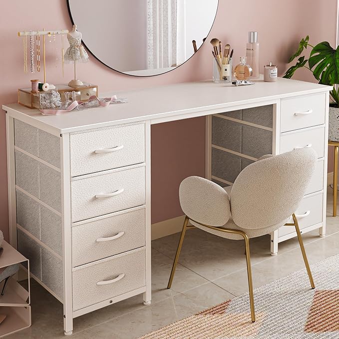 Huuger 47 Inch Vanity Desk with 8 Fabric Drawers, White Desk, Computer Desk with Large Storage, Drawers, for Home Office, Bedroom
