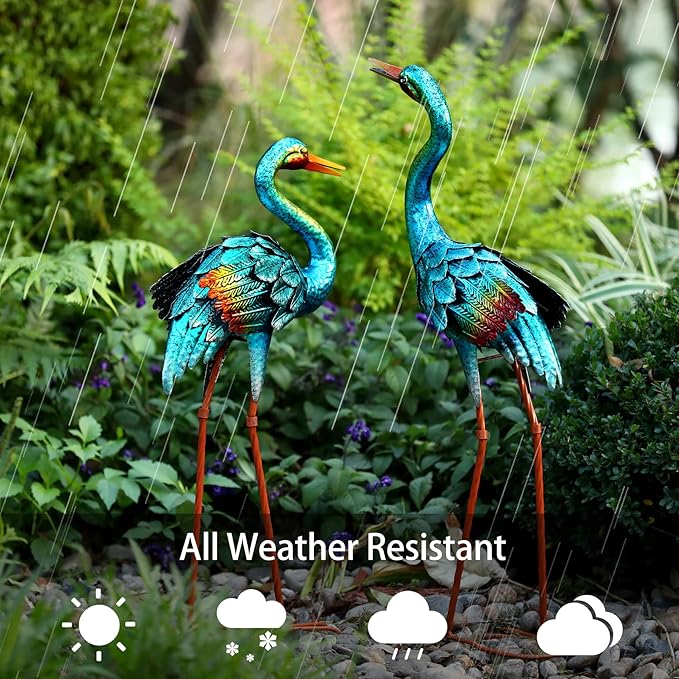 Natelf Crane Statues for Garden Decor, Blue Heron Sculptures, Metal Large Birds Lawn Sculptures & Statue for Patio Pond, Yard Decorations, Set of 2