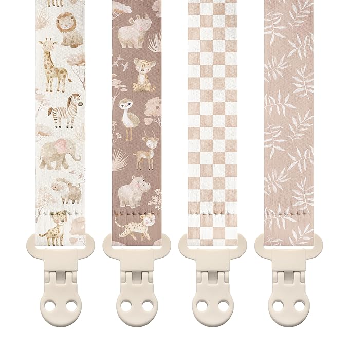 Stadela Baby Fabric Pacifier Clip Holder, Plastic Clip, 4‑Pack, Safari Pattern, Savanna Set