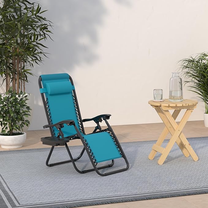 Best Choice Products Set of 2 Adjustable Steel Mesh Zero Gravity Lounge Chair Recliners w/Pillows and Cup Holder Trays - Peacock Blue