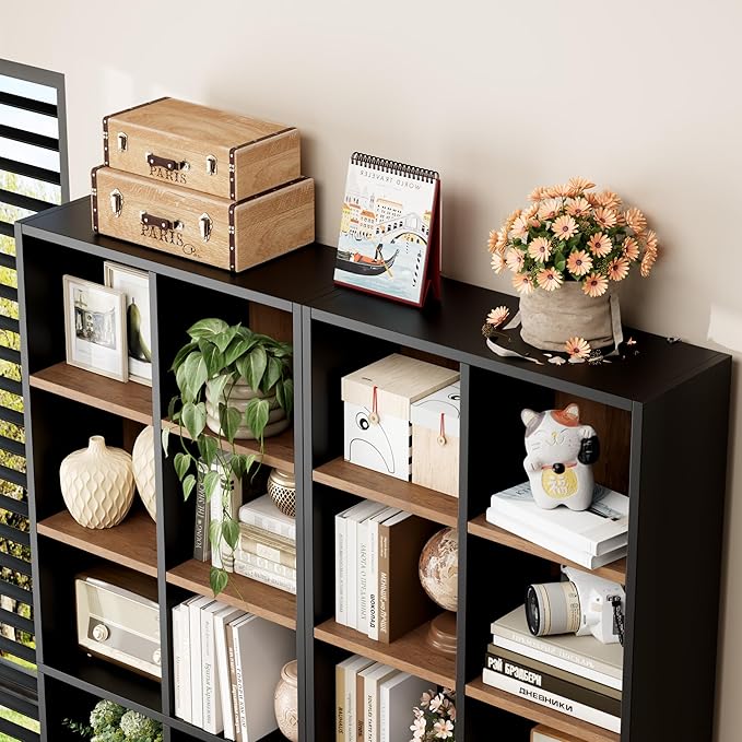 FOTOSOK 71'' Tall Bookshelf, Double Wide Media Tower Rack CD DVD Rack Display Cabinet with Adjustable Shelves, Tall Narrow Bookcase Bookshelf for Home Office, Black/Brown