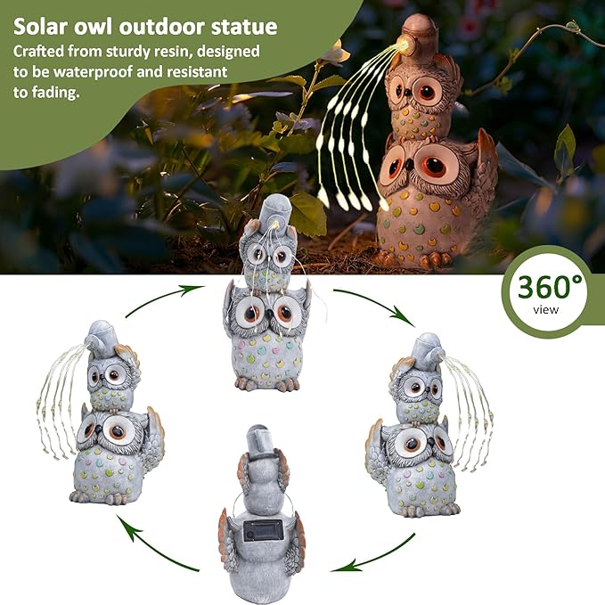 Solar Garden Statues Outdoor Decor, Watering Owl Statue Garden Decor, Resin Yard Decorations Outdoor for Patio, Porch, Balcony, Lawn Ornaments, House Warming Birthday Gifts for Mom Women Grandma