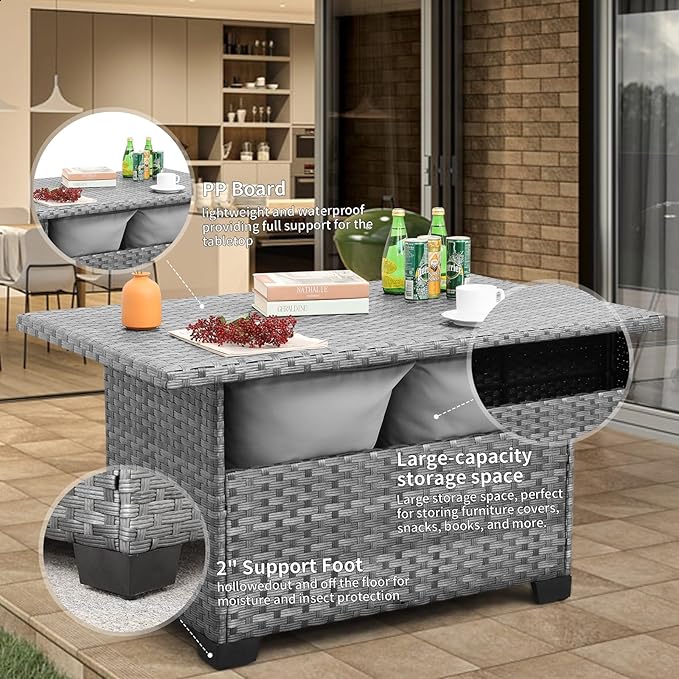 Outside Patio Table 46 Inches Outdoor Coffee Table with Storage Outdoor Dining Table, Grey