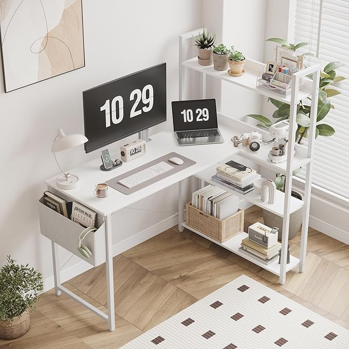 Treesland 55 Inch Computer Desk with Bookshelf, Corner Desk with Storage, L Shaped Desk, Home Office Desks, Writing Study Desk for Bedroom, White
