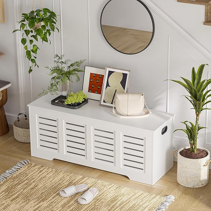 DINZI LVJ Storage Chest, 47.3” Wooden Toy Box with 2 Safety Hinges, Retro Entryway Shoe Storage Bench with Flip-Top, Sturdy Large Storage Trunk for Living Room, Bedroom, Easy Assembly, White