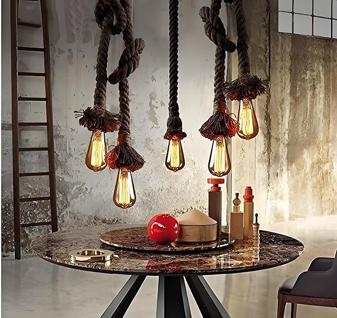 5 Head 2M Vintage Hemp Rope Light E26/E27 Base, Pendant Ceiling Light Lamp,Retro Style for Dining Hall Restaurant Bar Lighting(Bulb not Included)