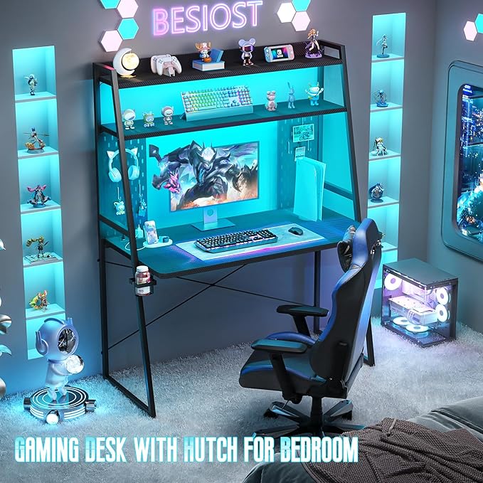 Small Gaming Desk with Hutch and LED Lights, Gaming Computer Desk with Power Outlets, Gamer Desk with Storage Shelves, Game Desks with Pegboards for Bedroom Small Spaces, Black, 43"