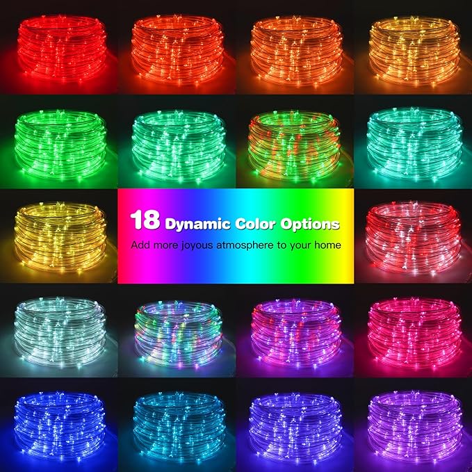 50FT 150 LED Solar Rope Lights, 18 Colors with Timer, 5 Modes, Waterproof Plug-in Remote Control Camping String Lights for Outside, Camping, Classroom, Party, Festival Decoration Solar Lights Outdoor