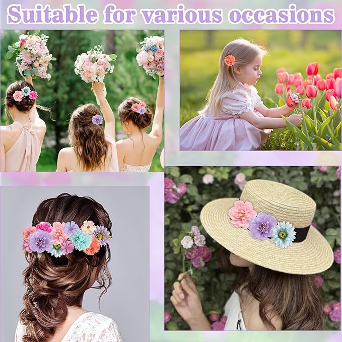 Leery 20 PCS Boho Flower Hair Clips for Women - Rose Hair Barrettes, Wedding Hairpins, Bridal Headpiece, Hawaiian Silk Floral Clips (Violet)