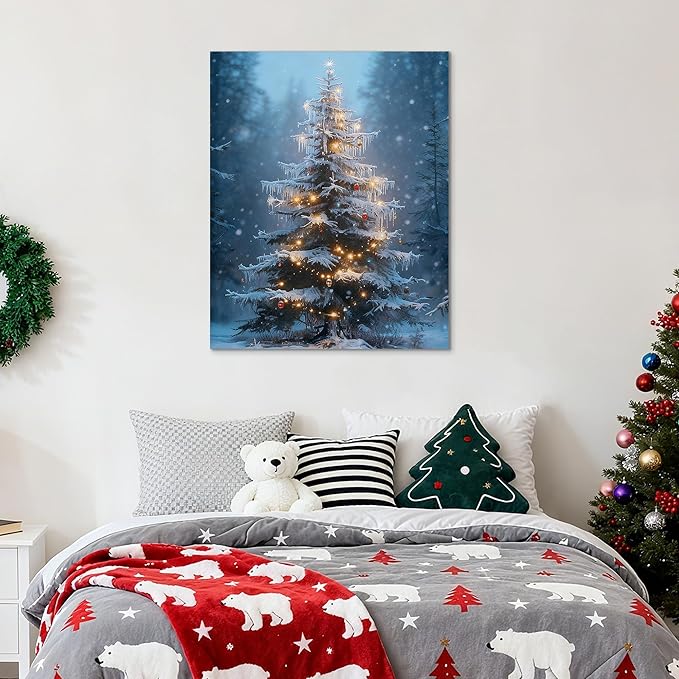 Framed Christmas Pictures Wall Decor,Vintage Pine Tree Prints,Winter Christmas Canvas Wall Art Decoration for Bedroom Bathroom Living Room Rustic Xmas Holiday Gifts (Christmas Tree 15, 16'' X 24'')