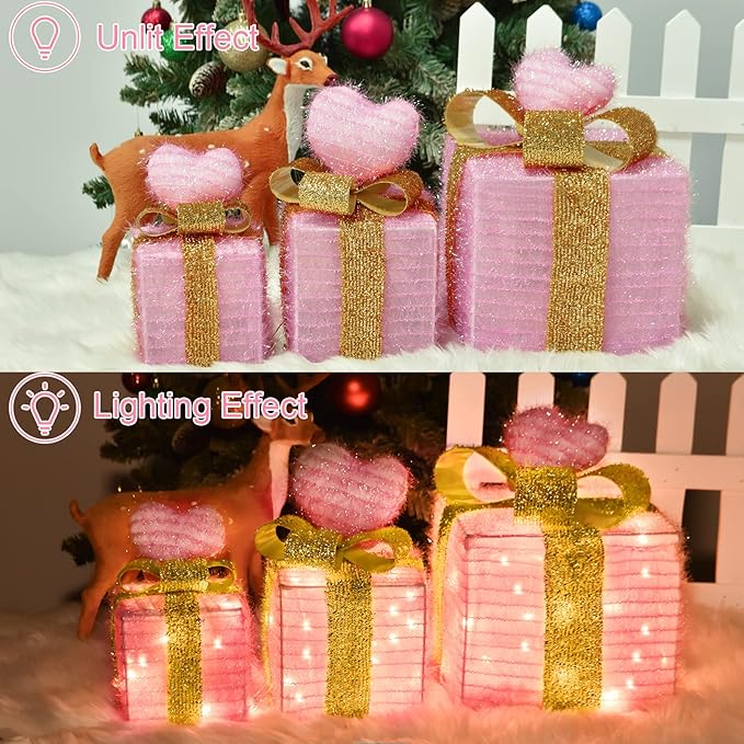 Pink Christmas Decor Light up Gift Boxes with Heart, Light up Xmas Boxes with Battery Operated for Wedding Christmas Valentine's Day Decorations Indoor and Outdoor (3 Pack) (Pink Heart)