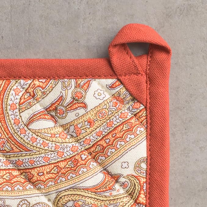 Maison d' Hermine Pot Holders Set 100% Cotton Heat Resistant Potholders 8" x 8" Hot Pads with Loop for Thanksgiving Christmas Decorations BBQ Baking Handling Hot Pans (Pack of 2, Kashmir Paisley)
