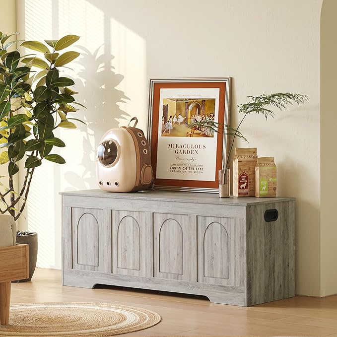 DINZI LVJ Storage Chest, 47.2”Wooden Storage Box with 2 Safety Hinges, Entryway Shoe Bench with Flip-Top, Large Trunk for Living Room, Bedroom, Easy Assembly, Gray Wash