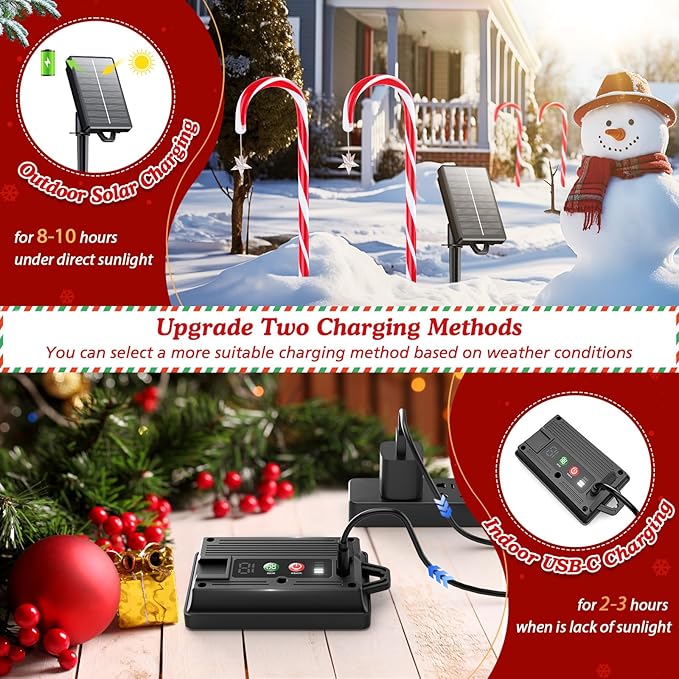 WdtPro 24-Pack Upgraded Solar Christmas Candy Cane Lights, Solar Pathway Lights Waterproof, Christmas Decorations Outdoor with 10 Modes and Bright 144 LED for Yard Garden Lawn Patio Party Decor
