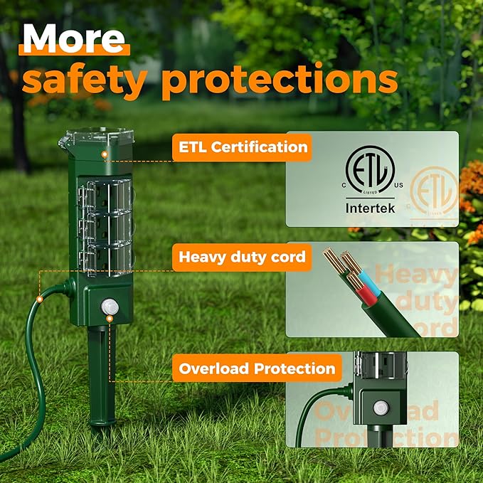 TESSAN Outdoor Power Stake Light Timer Waterproof, Wireless Remote Control, Yard Stake Countdown Timer（2, 4, 6, 8 Hour）, 6 Outlets, Dusk to Dawn for Lights and Garden Courtyard Decoration