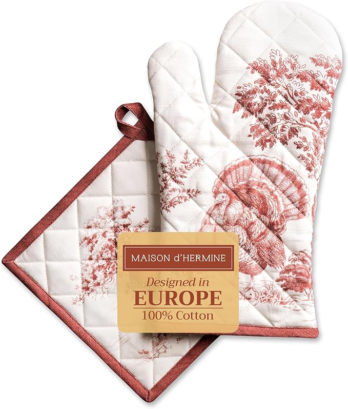 Maison d' Hermine 100% Cotton Oven Mitt & Pot Holder Set (7.5"x13" & 8"x8") Heat Resistant BBQ Cooking Gloves with Loop for Thanksgiving Christmas Decorations Handling Hot Pans (Holy Jouy - Red)