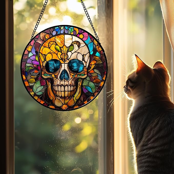 Stained Glass Window Hanging Halloween Retro European Colorful Skull 9.8" - Suncatcher Door Garden Sun Catcher Gothic Decor Birthday Horror Funny Gift for Mom Woman Nana Friend Men