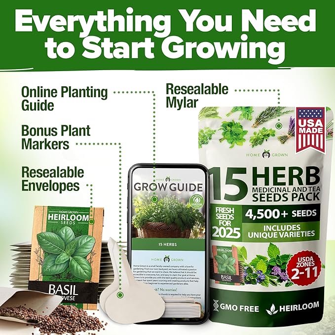 HOME GROWN 15 Herb Seeds for Planting 4,500+ Non-GMO Heirloom Seeds | Extra Large Variety Pack Herb Kit – Indoor Outdoor & Hydroponic | Culinary Seed Set | Grow Your Own Herbs | Gardening Gift