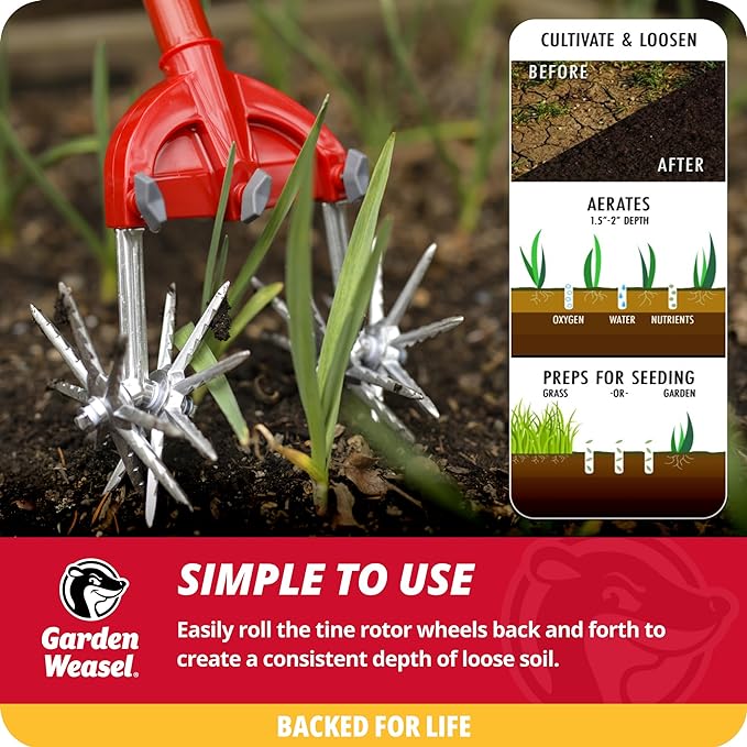 Garden Weasel Rotary Cultivator & Hand Tiller - 2-in-1 | Aerate, Weed, Cultivate, Plant, Reseed | Lawn Reseeding Garden Tool, Garden Soil Loosener | 91206