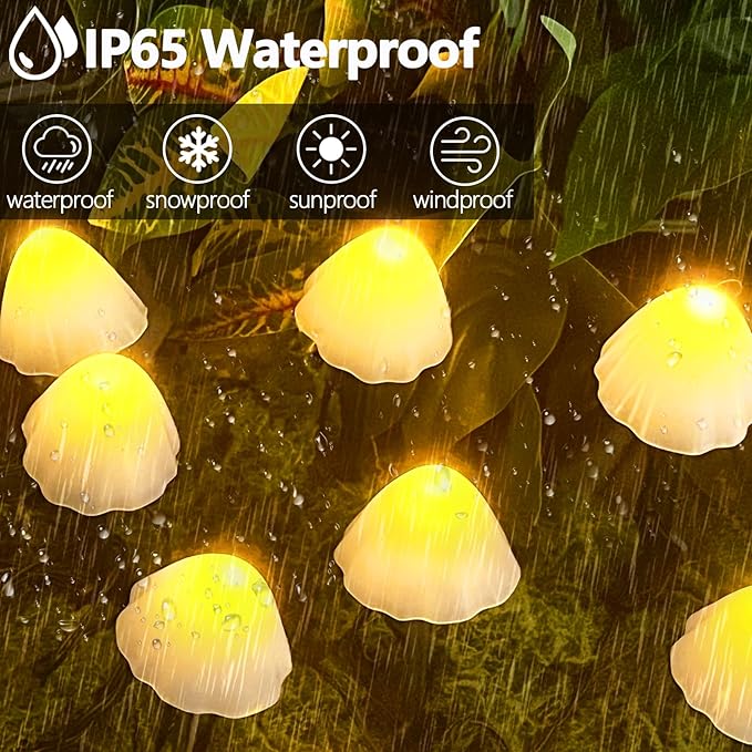 OZS 2PK 32LED 55FT Mushroom Solar Garden Lights Outdoor, Solar String Lights Waterproof with 8 Lighting Modes, Solar Garden Decor for Outside, Pathway Light for Yard Decoration (Warm White)