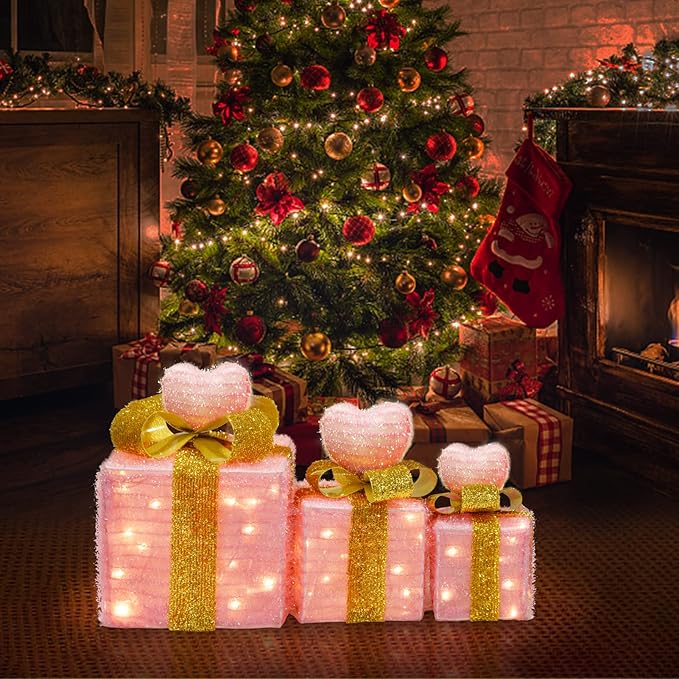 Pink Christmas Decor Light up Gift Boxes with Heart, Light up Xmas Boxes with Battery Operated for Wedding Christmas Valentine's Day Decorations Indoor and Outdoor (3 Pack) (Pink Heart)