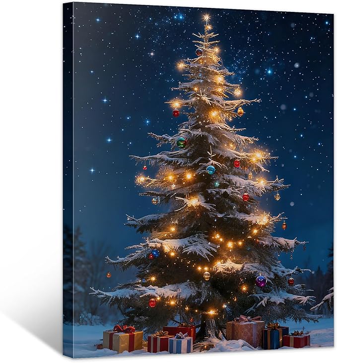 Framed Christmas Pictures Wall Decor,Vintage Pine Tree Prints,Winter Christmas Canvas Wall Art Decoration for Bedroom Bathroom Living Room Rustic Xmas Holiday Gifts (Christmas Tree 13, 16'' X 20'')