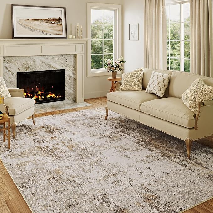 10x12 Washable Area Rug Brown Grey Abstract Neutral Living Room Bedroom Large Throw Rug Non Slip Soft Distressed Low Pile Indoor Floor Carpet for Kitchen Office Entryway