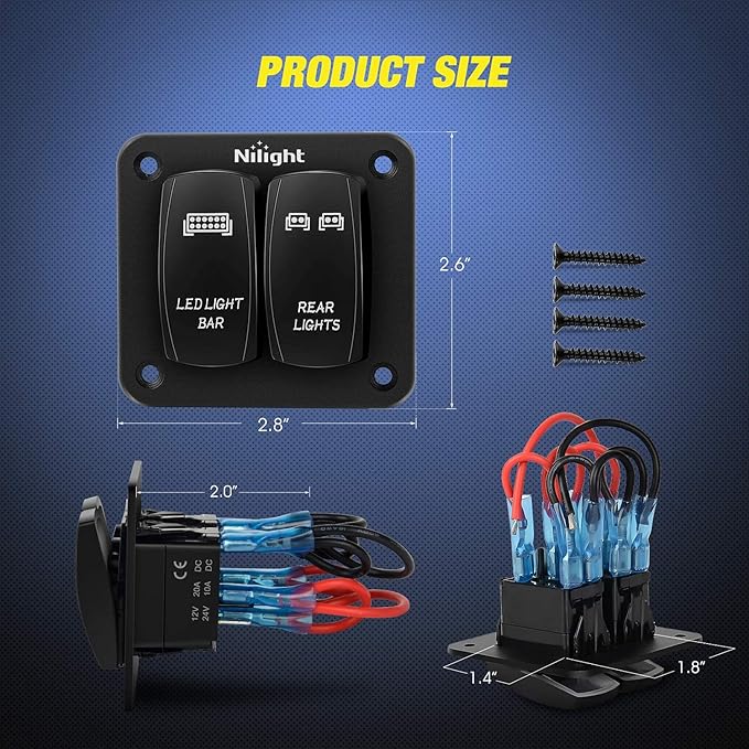 Nilight 2 Gang Rocker Switch Panel LED Light Bar Switch Rear Lights Switch 12 24V DC Red Switches 5Pin ON Off Pre Wired Toggle Switch Panel for Cars ATVs UTVs,2 Years Warranty